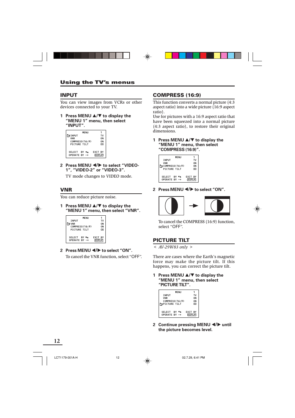 Input, Compress (16:9), Picture tilt | JVC LCT1179-001A-H User Manual | Page 12 / 46