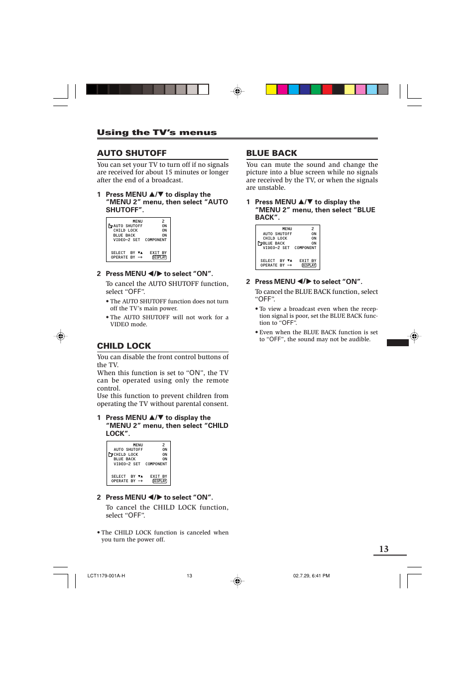 Auto shutoff, Child lock, Blue back | JVC LCT1179-001A-H User Manual | Page 13 / 46