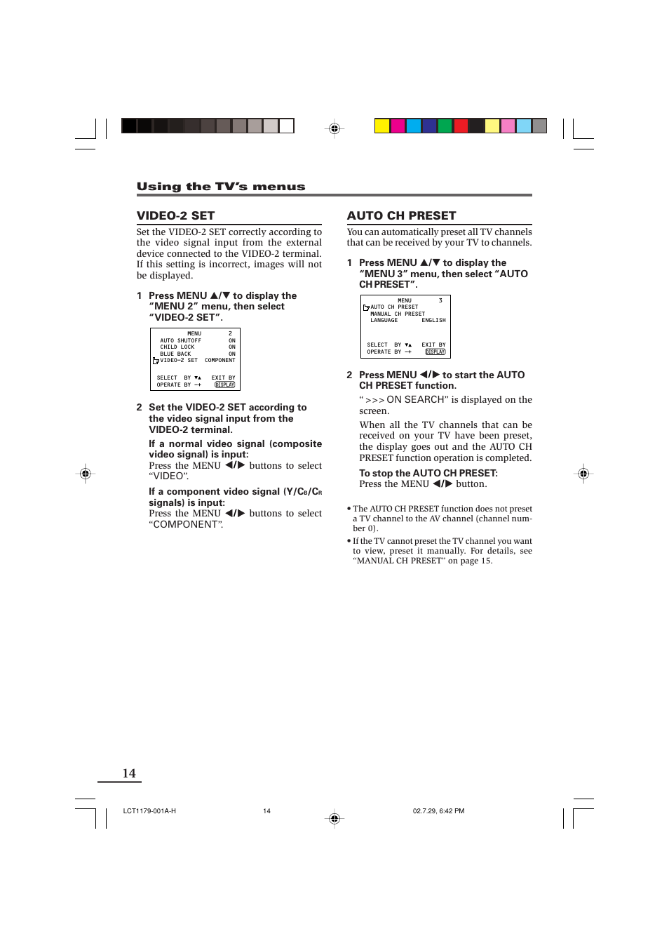 Video-2 set, Auto ch preset | JVC LCT1179-001A-H User Manual | Page 14 / 46