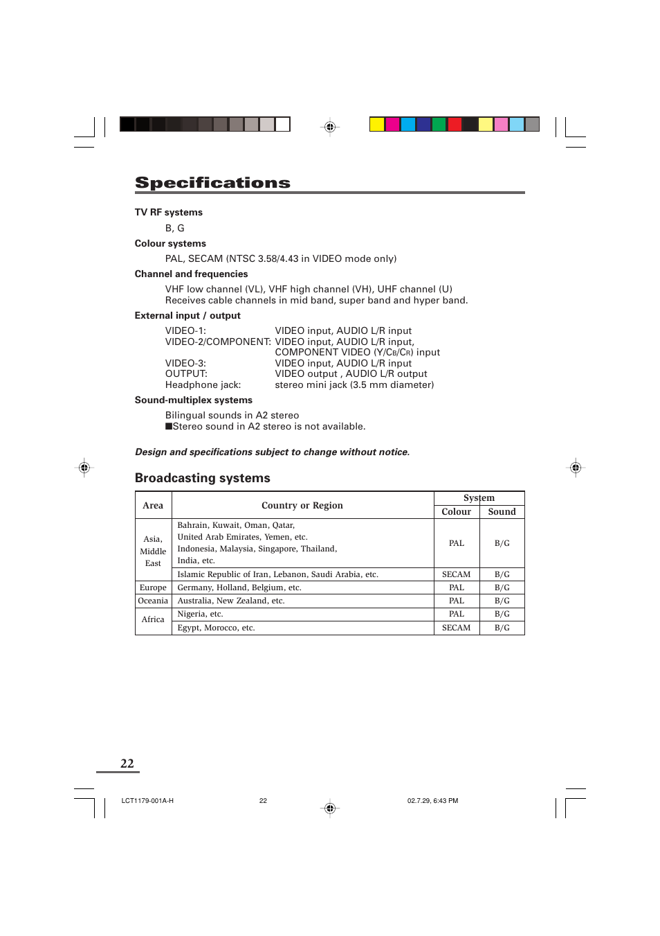Specifications, Broadcasting systems | JVC LCT1179-001A-H User Manual | Page 22 / 46