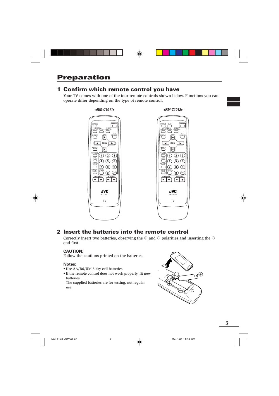 Preparation, 1 confirm which remote control you have, 2 insert the batteries into the remote control | JVC LCT1179-001A-H User Manual | Page 25 / 46