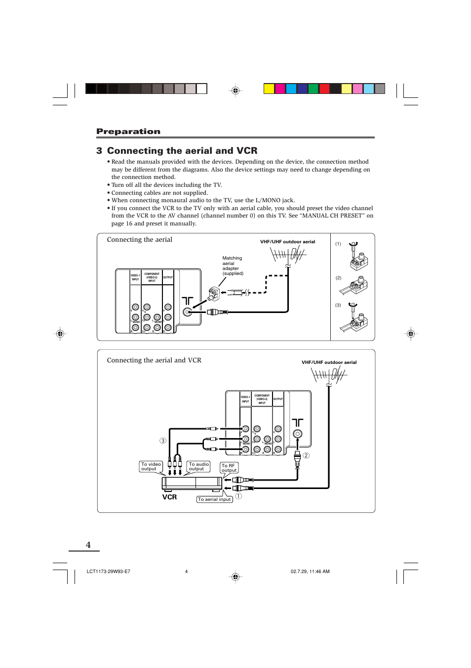 3 connecting the aerial and vcr, Preparation | JVC LCT1179-001A-H User Manual | Page 26 / 46