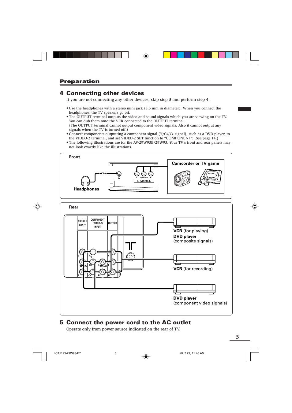 4 connecting other devices, 5 connect the power cord to the ac outlet, Preparation | JVC LCT1179-001A-H User Manual | Page 27 / 46