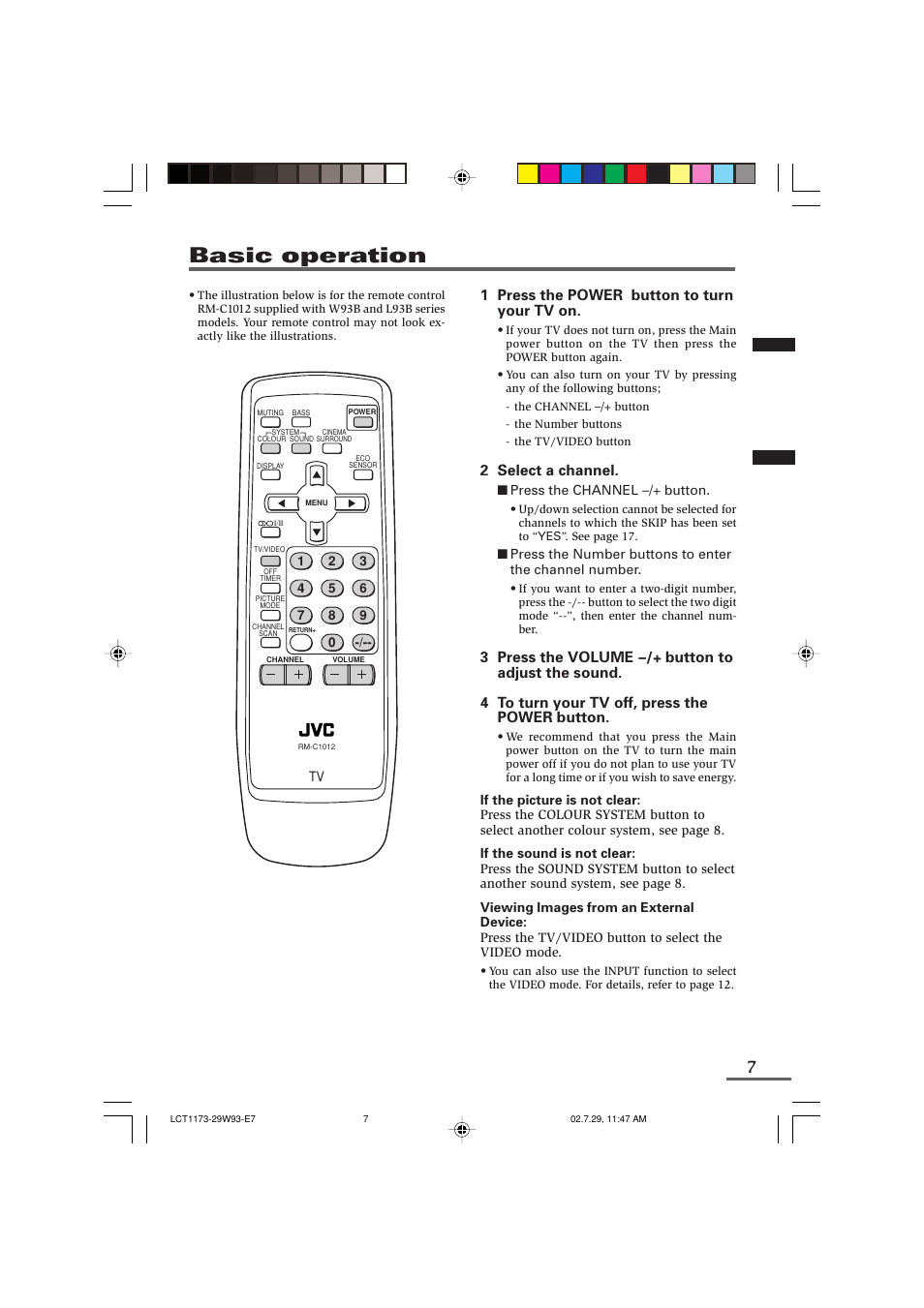 Basic operation, 1 press the power button to turn your tv on, 2 select a channel | JVC LCT1179-001A-H User Manual | Page 29 / 46