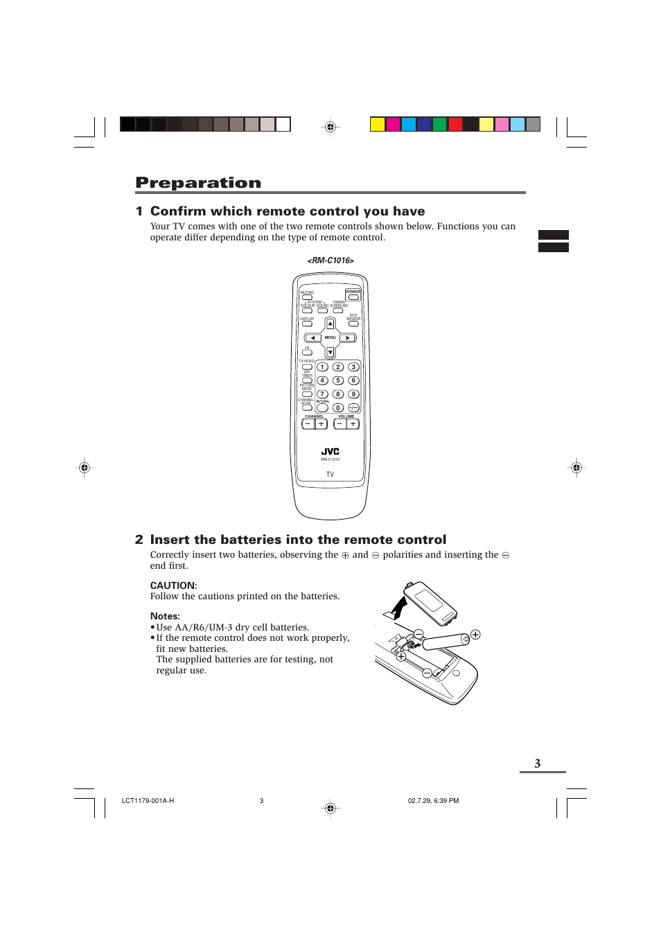 Preparation, 1 confirm which remote control you have, 2 insert the batteries into the remote control | Rm-c1016 | JVC LCT1179-001A-H User Manual | Page 3 / 46