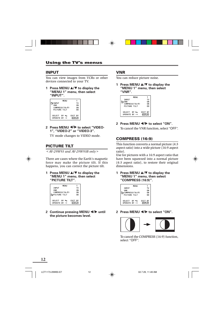 Input, Picture tilt, Compress (16:9) | JVC LCT1179-001A-H User Manual | Page 34 / 46