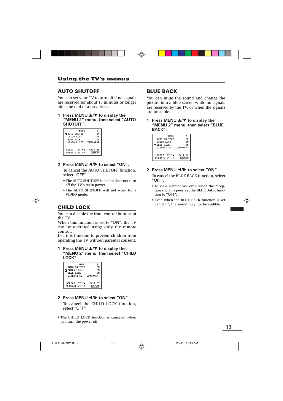 Auto shutoff, Child lock, Blue back | JVC LCT1179-001A-H User Manual | Page 35 / 46