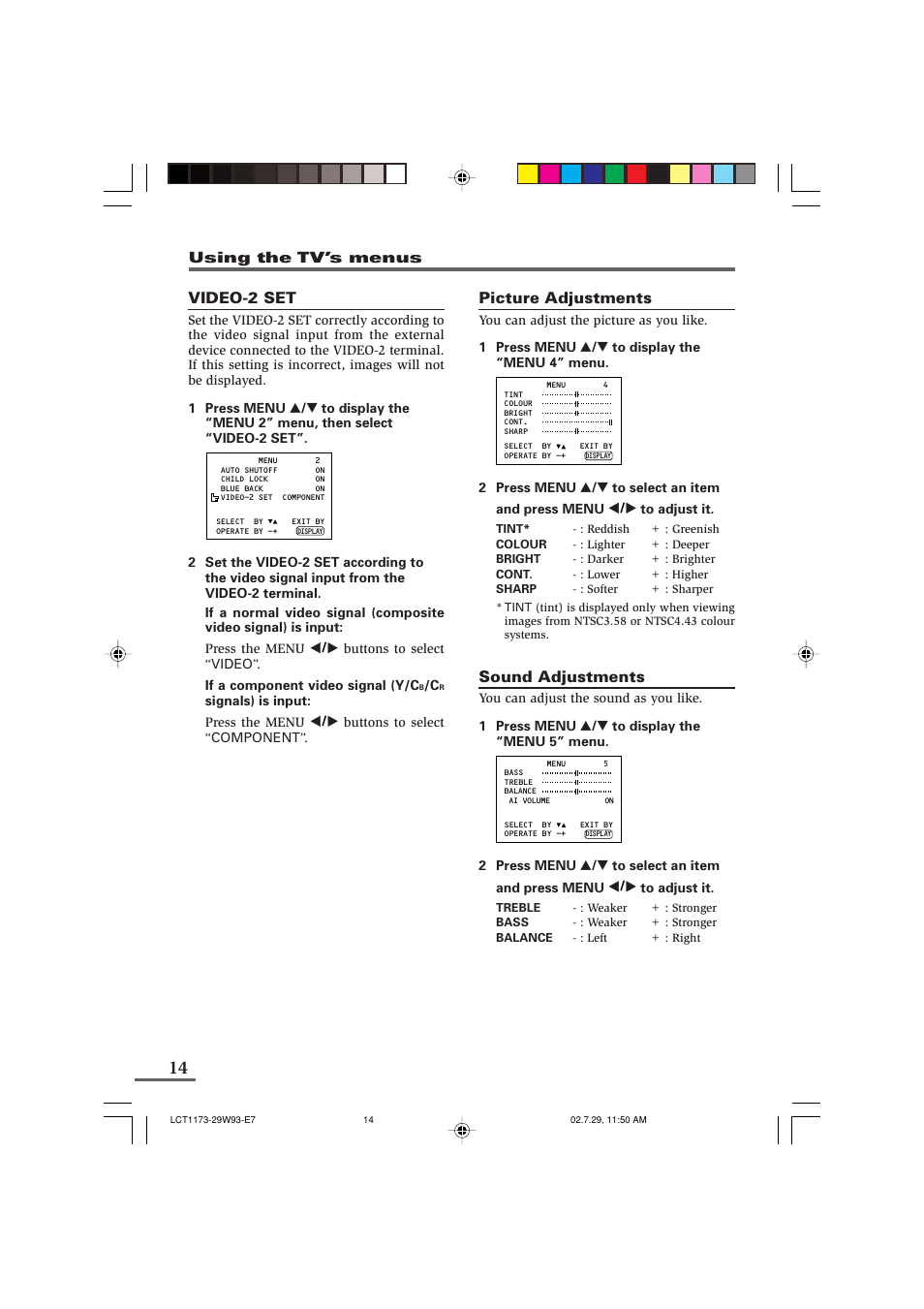 Picture adjustments, Sound adjustments, Video-2 set | JVC LCT1179-001A-H User Manual | Page 36 / 46