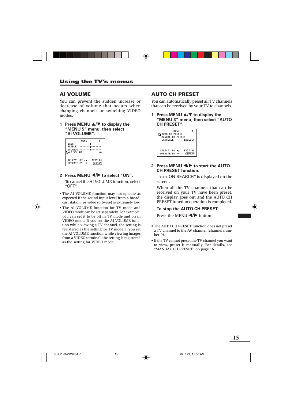 Ai volume, Auto ch preset | JVC LCT1179-001A-H User Manual | Page 37 / 46