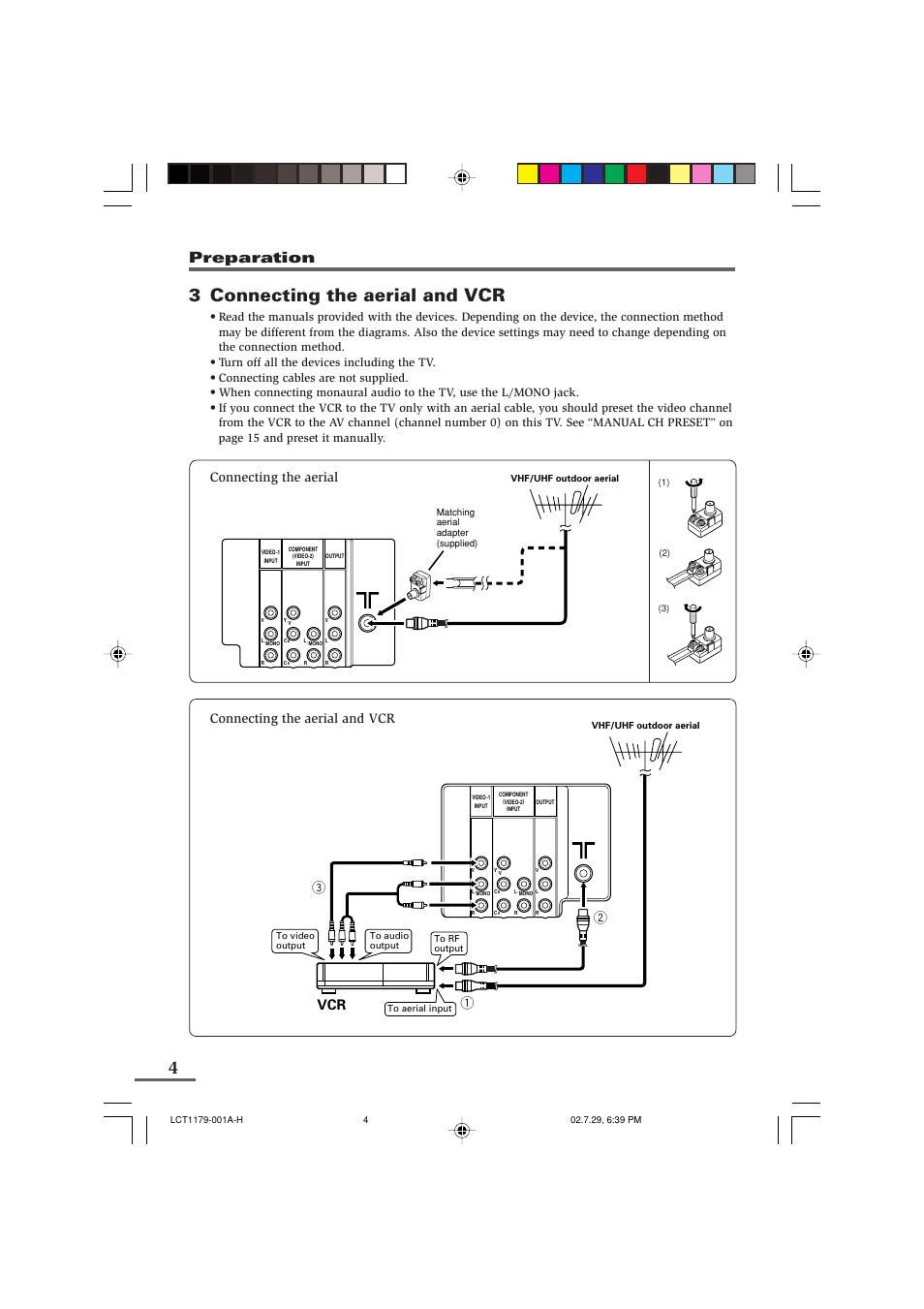 3 connecting the aerial and vcr, Preparation | JVC LCT1179-001A-H User Manual | Page 4 / 46