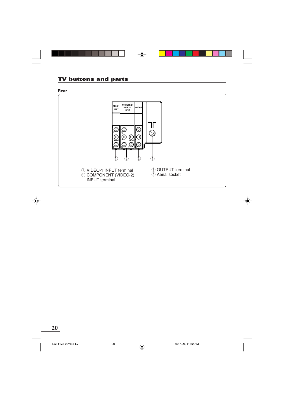 Tv buttons and parts, 3 output terminal 4 aerial socket rear | JVC LCT1179-001A-H User Manual | Page 42 / 46