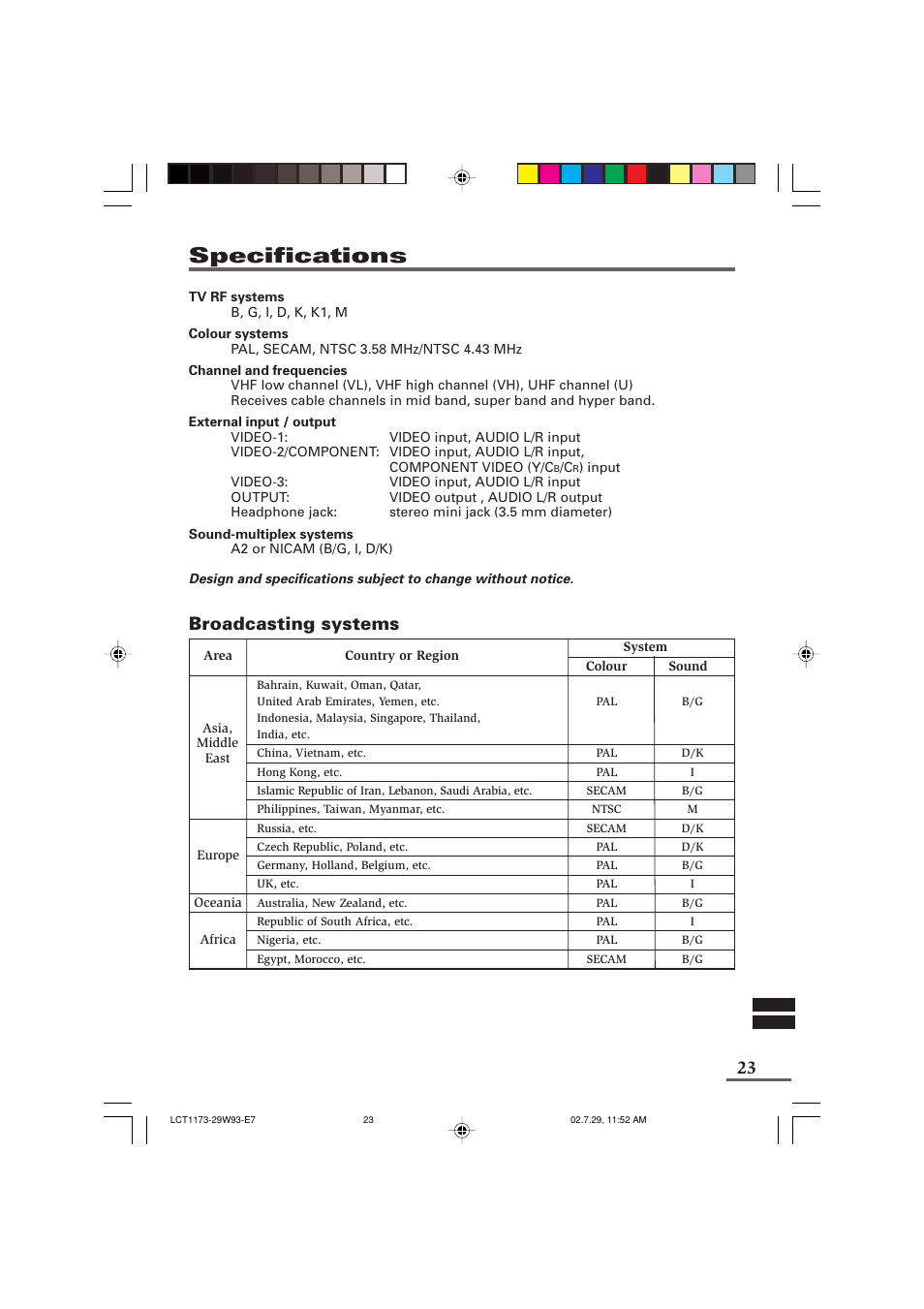 Specifications, Broadcasting systems | JVC LCT1179-001A-H User Manual | Page 45 / 46