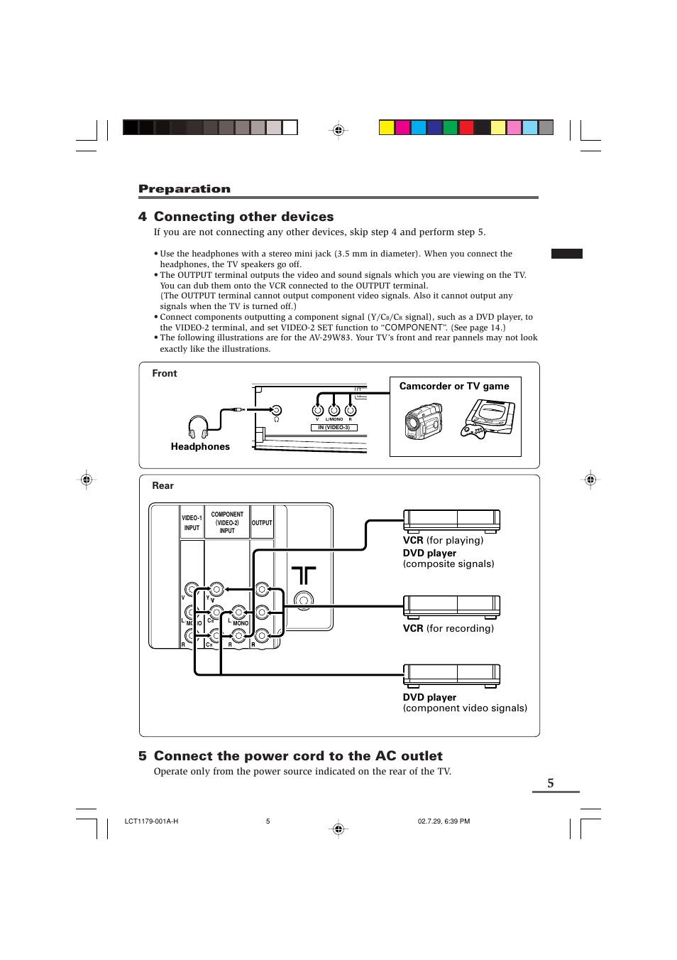 4 connecting other devices, 5 connect the power cord to the ac outlet, Preparation | JVC LCT1179-001A-H User Manual | Page 5 / 46