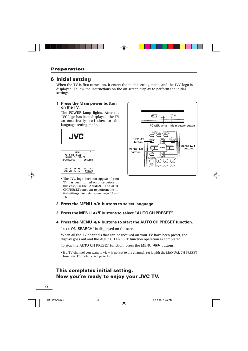 6 initial setting, Preparation, 1 press the main power button on the tv | 2 press the menu, Buttons to start the auto ch preset function | JVC LCT1179-001A-H User Manual | Page 6 / 46