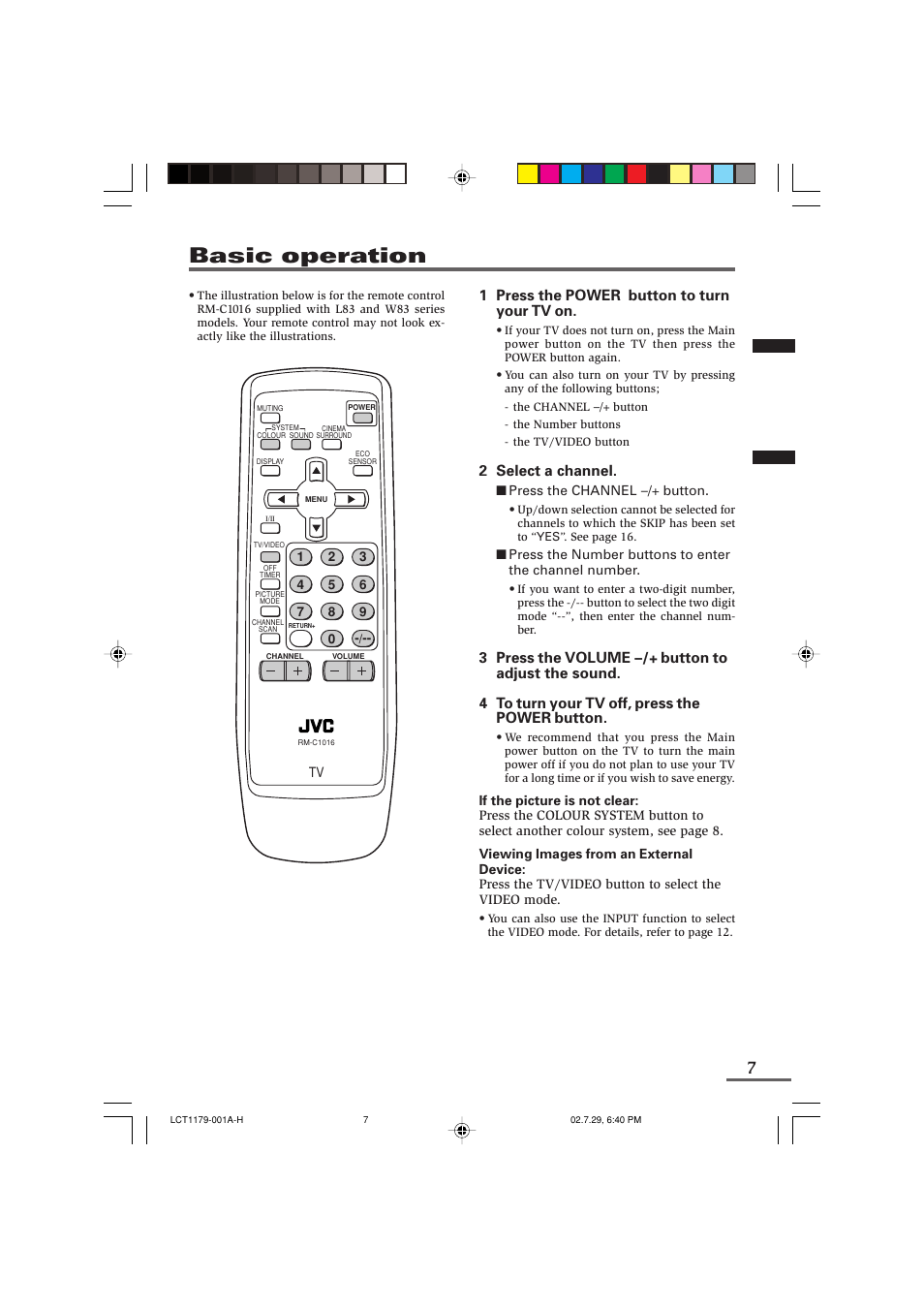 Basic operation, 1 press the power button to turn your tv on, 2 select a channel | JVC LCT1179-001A-H User Manual | Page 7 / 46