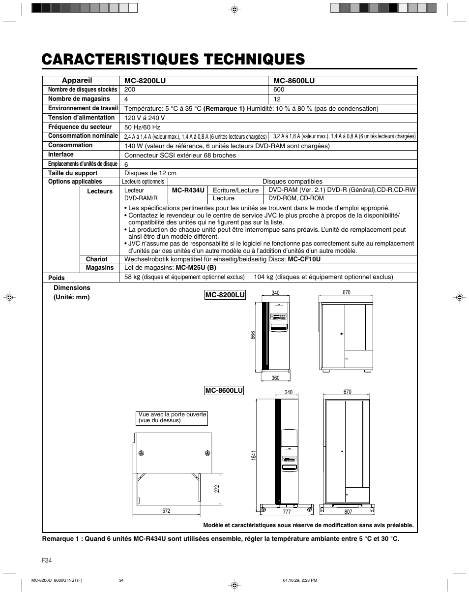 Caracteristiques techniques | JVC CD/DVD Library MC-8200LU User Manual | Page 103 / 138