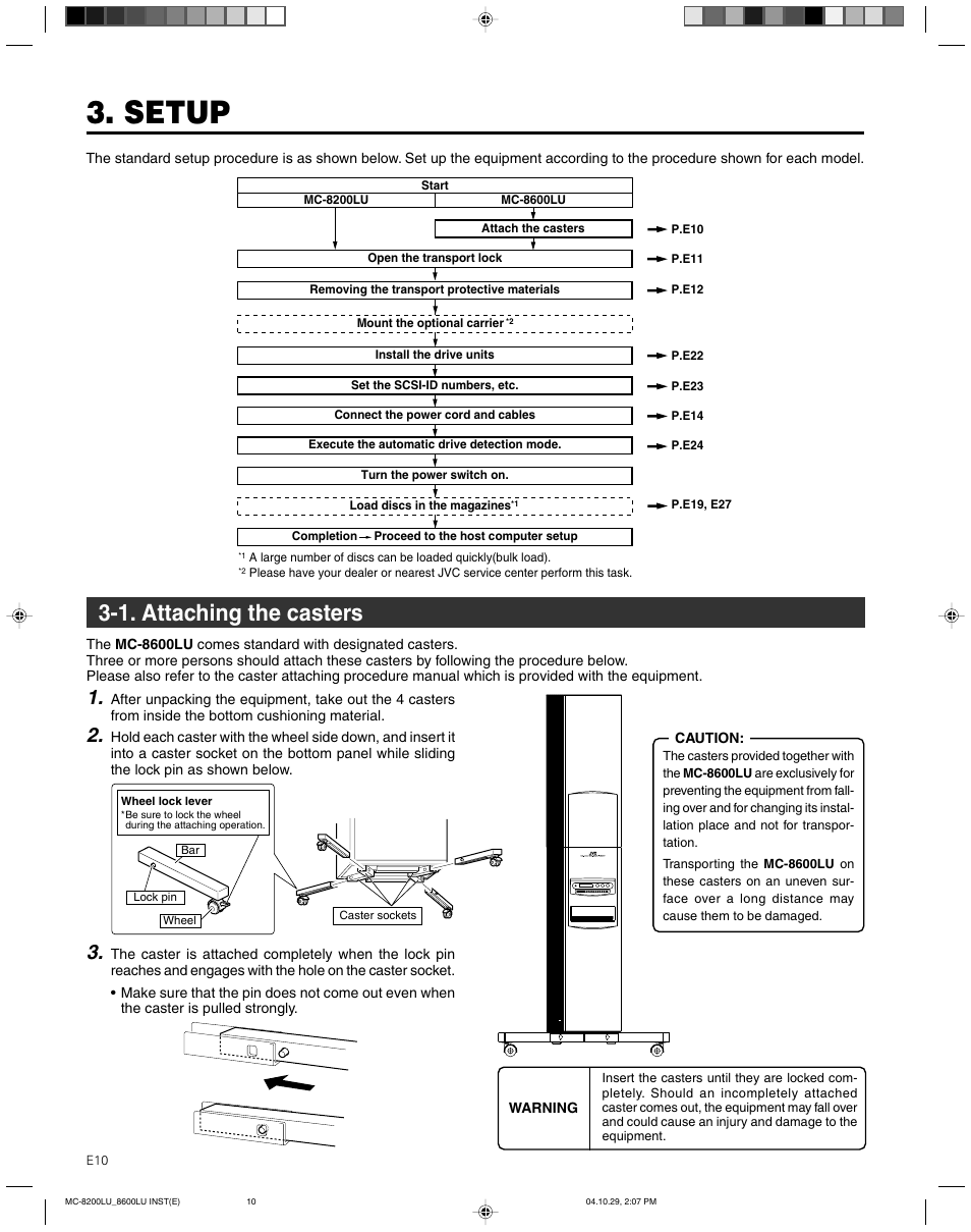 Setup, 1. attaching the casters | JVC CD/DVD Library MC-8200LU User Manual | Page 11 / 138