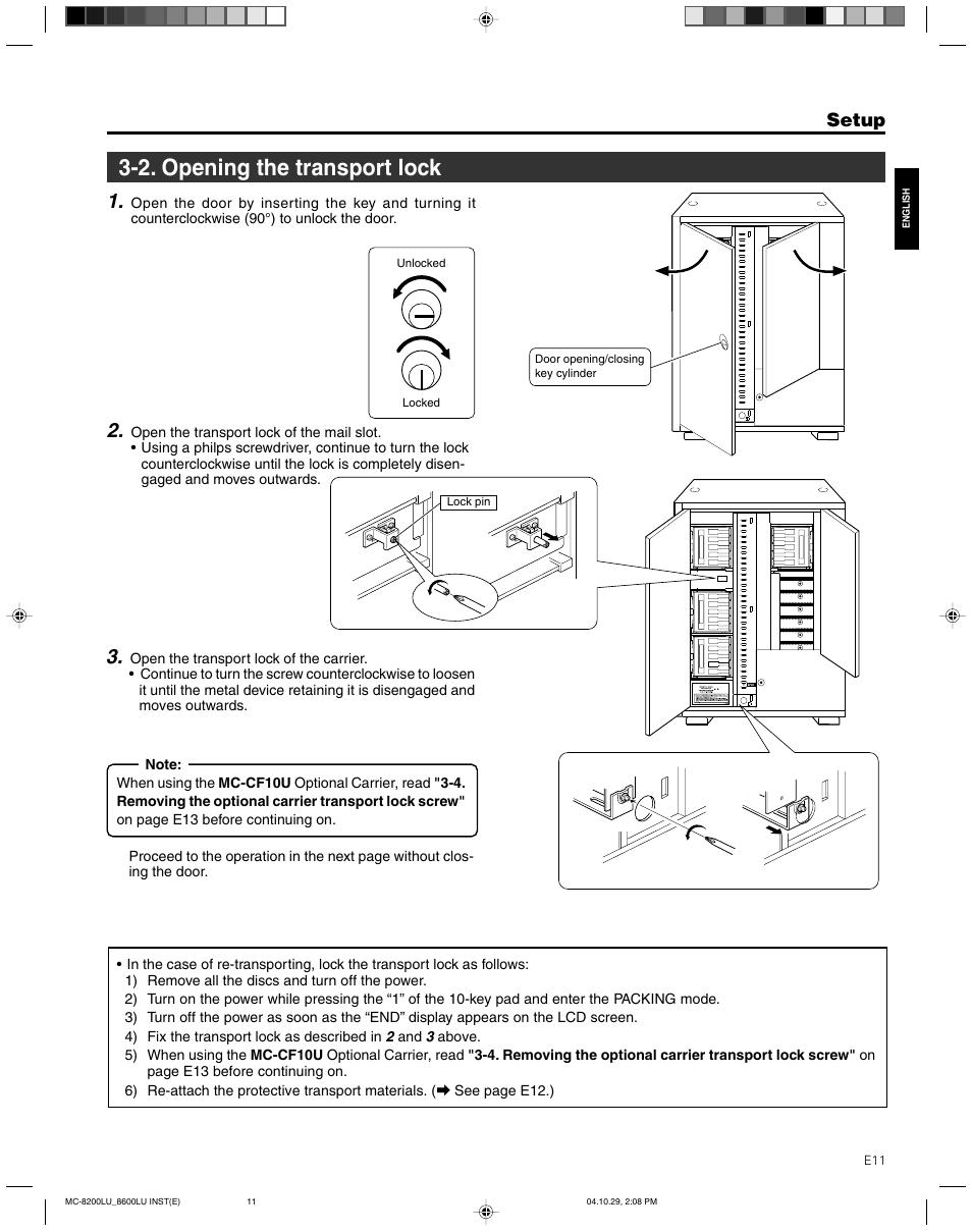 2. opening the transport lock, Setup | JVC CD/DVD Library MC-8200LU User Manual | Page 12 / 138