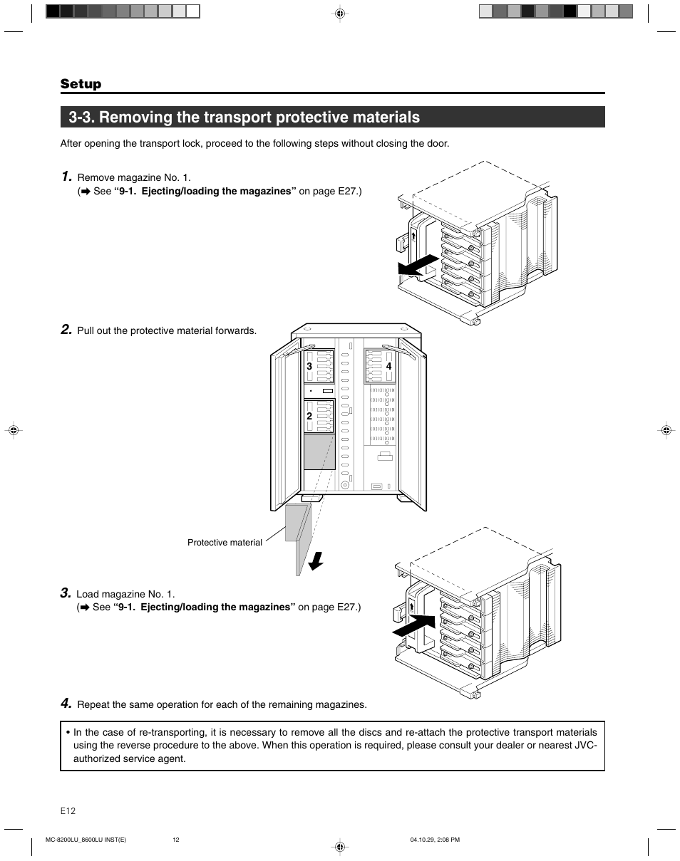 3. removing the transport protective materials, Setup | JVC CD/DVD Library MC-8200LU User Manual | Page 13 / 138