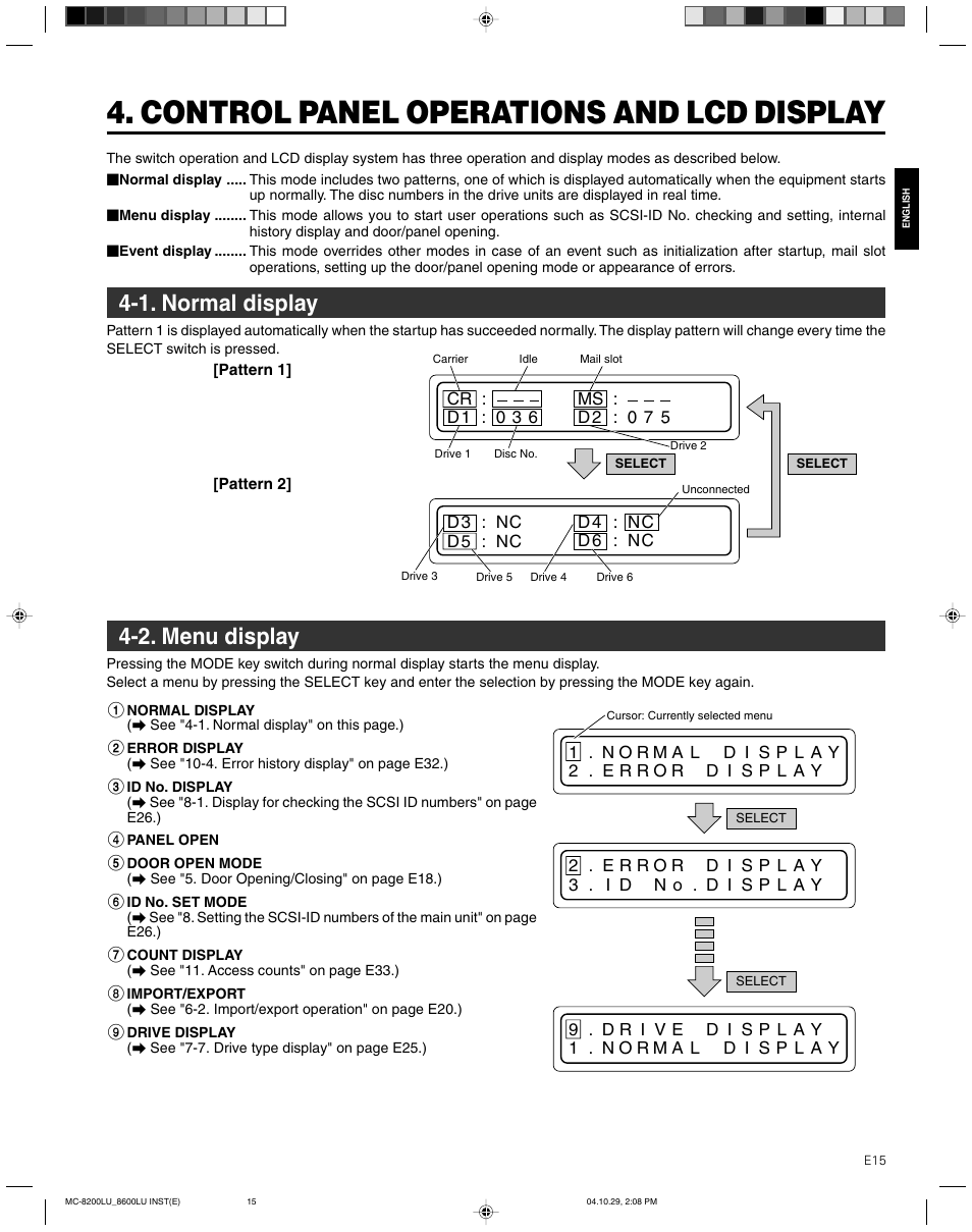 Control panel operations and lcd display, 1. normal display, 2. menu display | 2. menu display 4-1. normal display | JVC CD/DVD Library MC-8200LU User Manual | Page 16 / 138