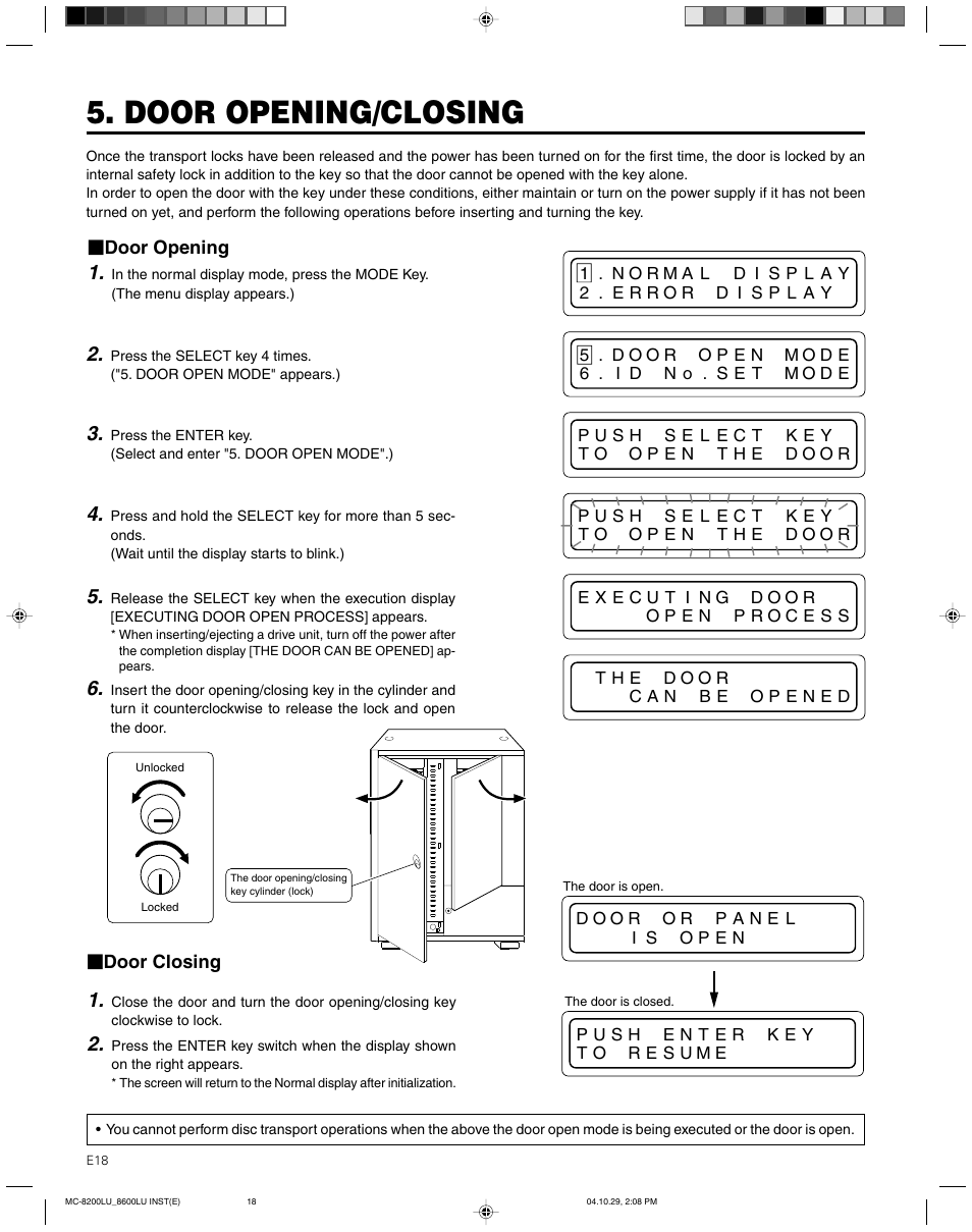 Door opening/closing | JVC CD/DVD Library MC-8200LU User Manual | Page 19 / 138