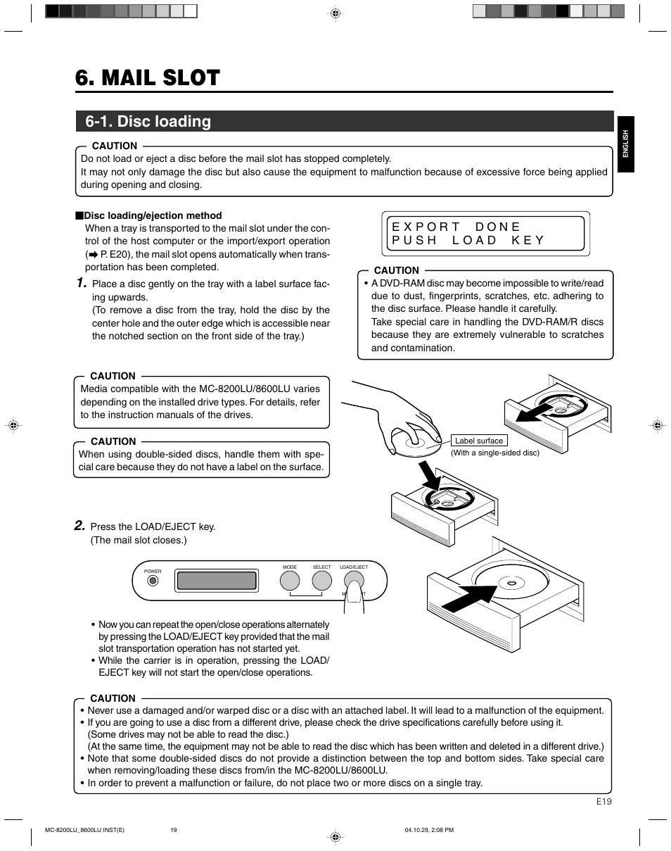 Mail slot, 1. disc loading | JVC CD/DVD Library MC-8200LU User Manual | Page 20 / 138