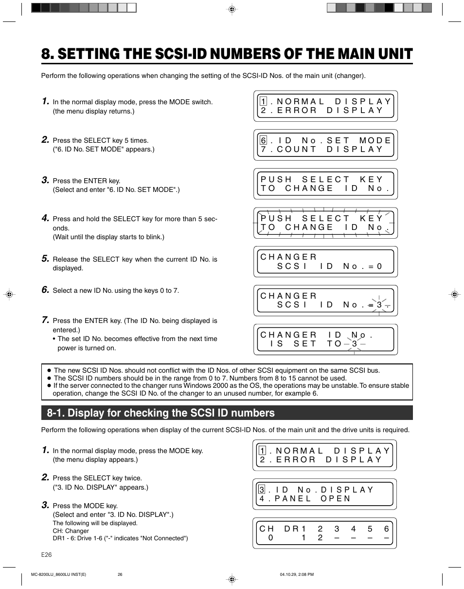 Setting the scsi-id numbers of the main unit, 1. display for checking the scsi id numbers | JVC CD/DVD Library MC-8200LU User Manual | Page 27 / 138