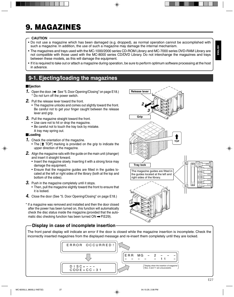 Magazines, 1. ejecting/loading the magazines, Display in case of incomplete insertion | JVC CD/DVD Library MC-8200LU User Manual | Page 28 / 138