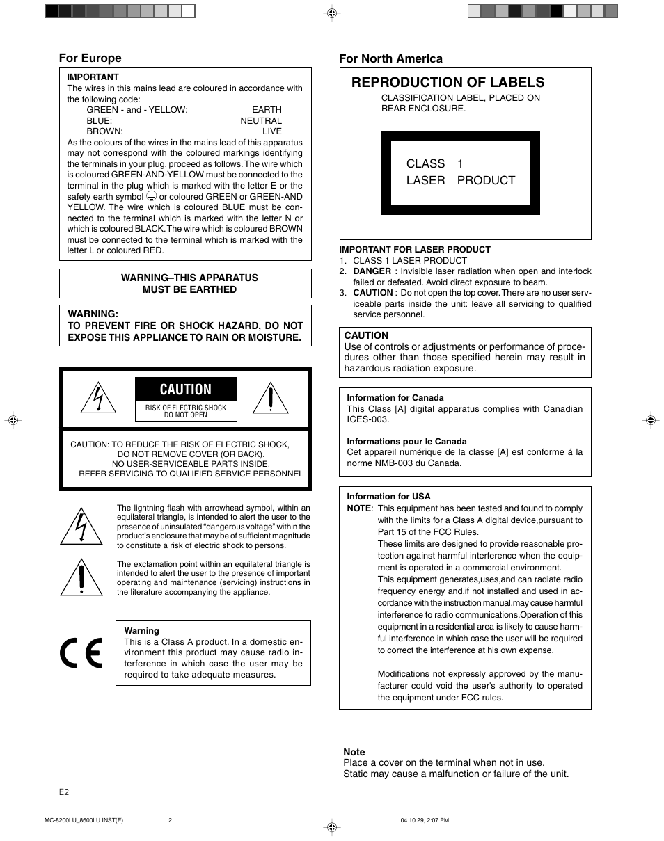 Caution, Reproduction of labels | JVC CD/DVD Library MC-8200LU User Manual | Page 3 / 138