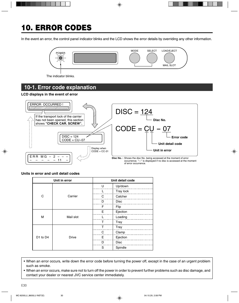 Error codes, 1. error code explanation | JVC CD/DVD Library MC-8200LU User Manual | Page 31 / 138