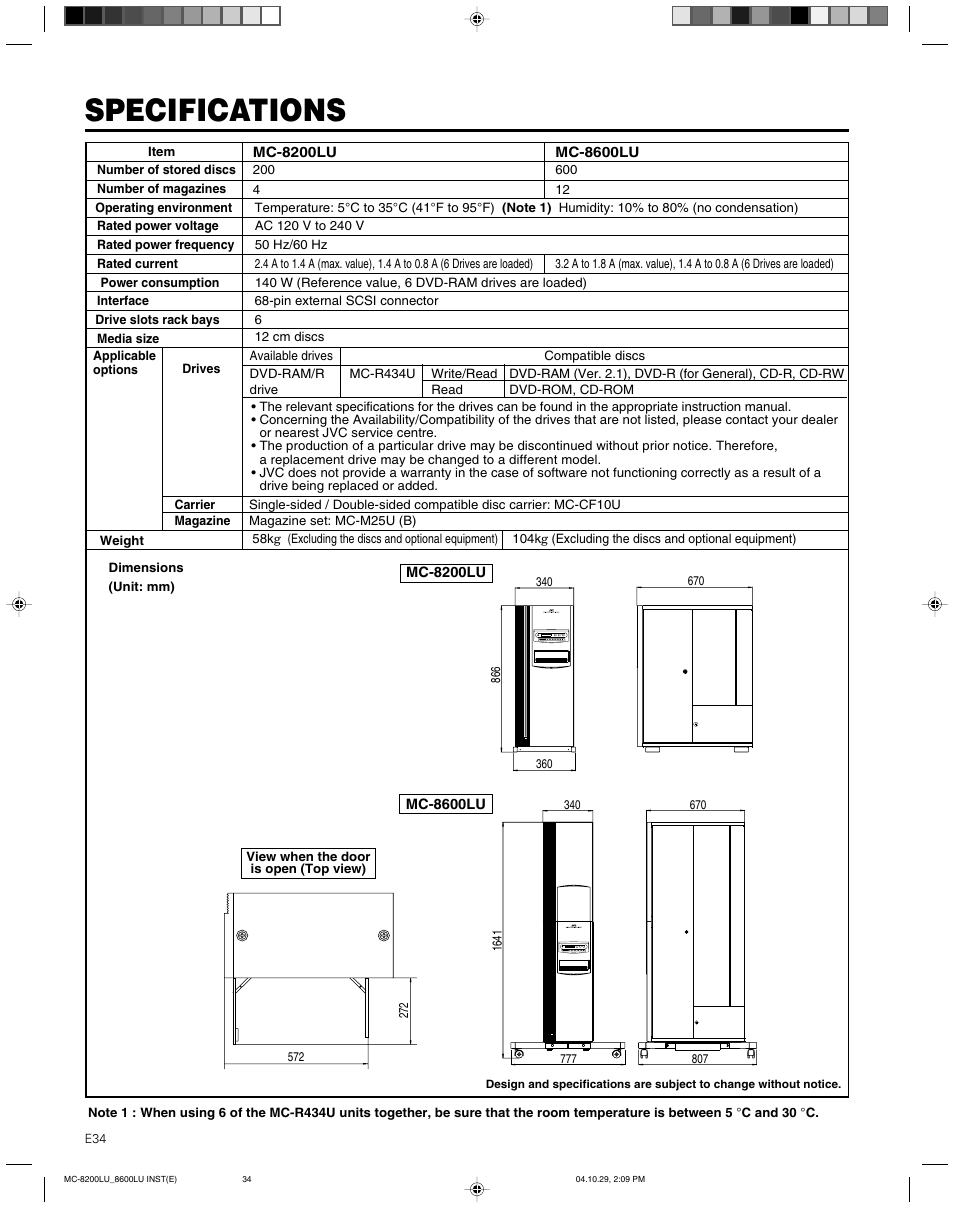 Specifications | JVC CD/DVD Library MC-8200LU User Manual | Page 35 / 138