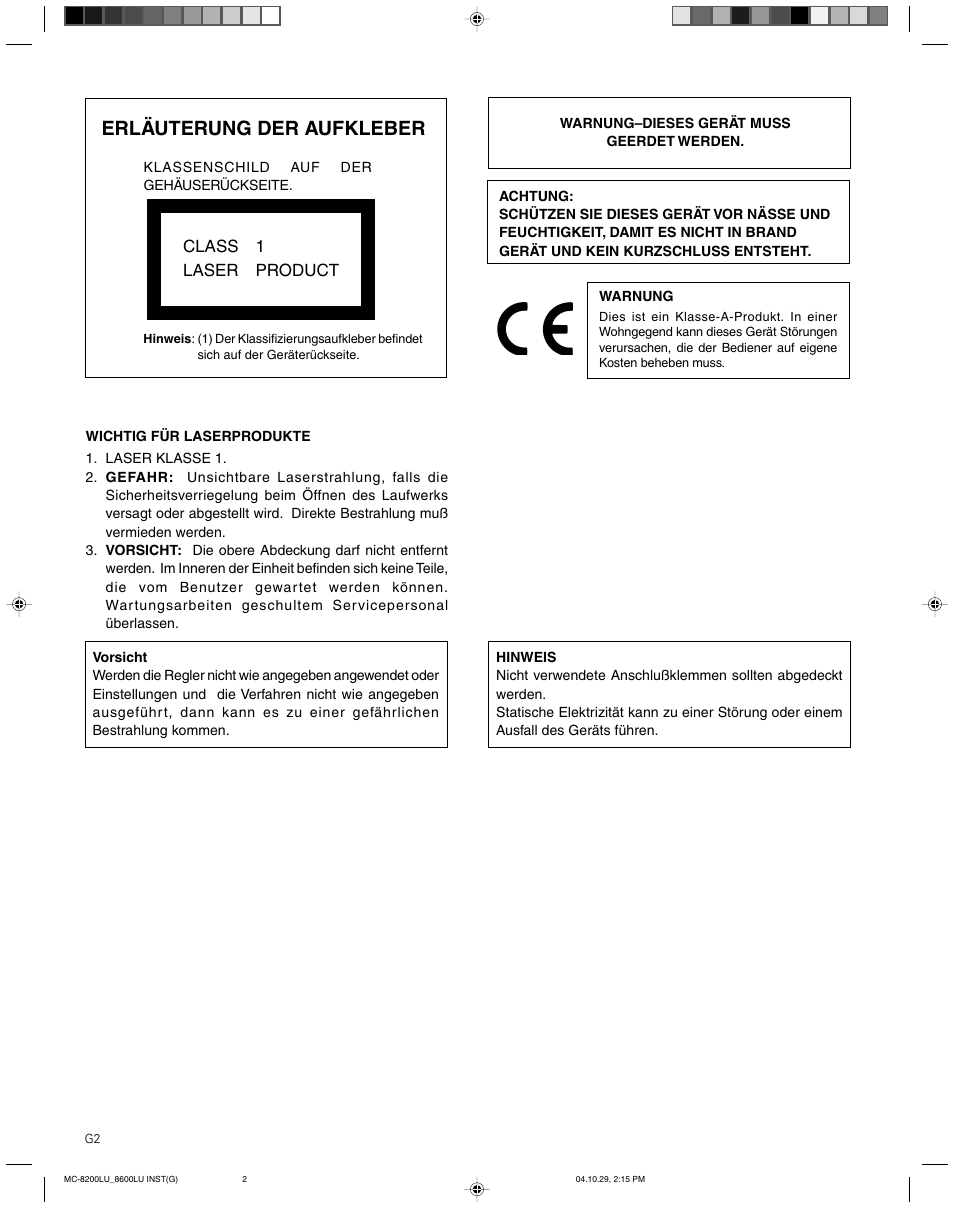 Erläuterung der aufkleber | JVC CD/DVD Library MC-8200LU User Manual | Page 37 / 138