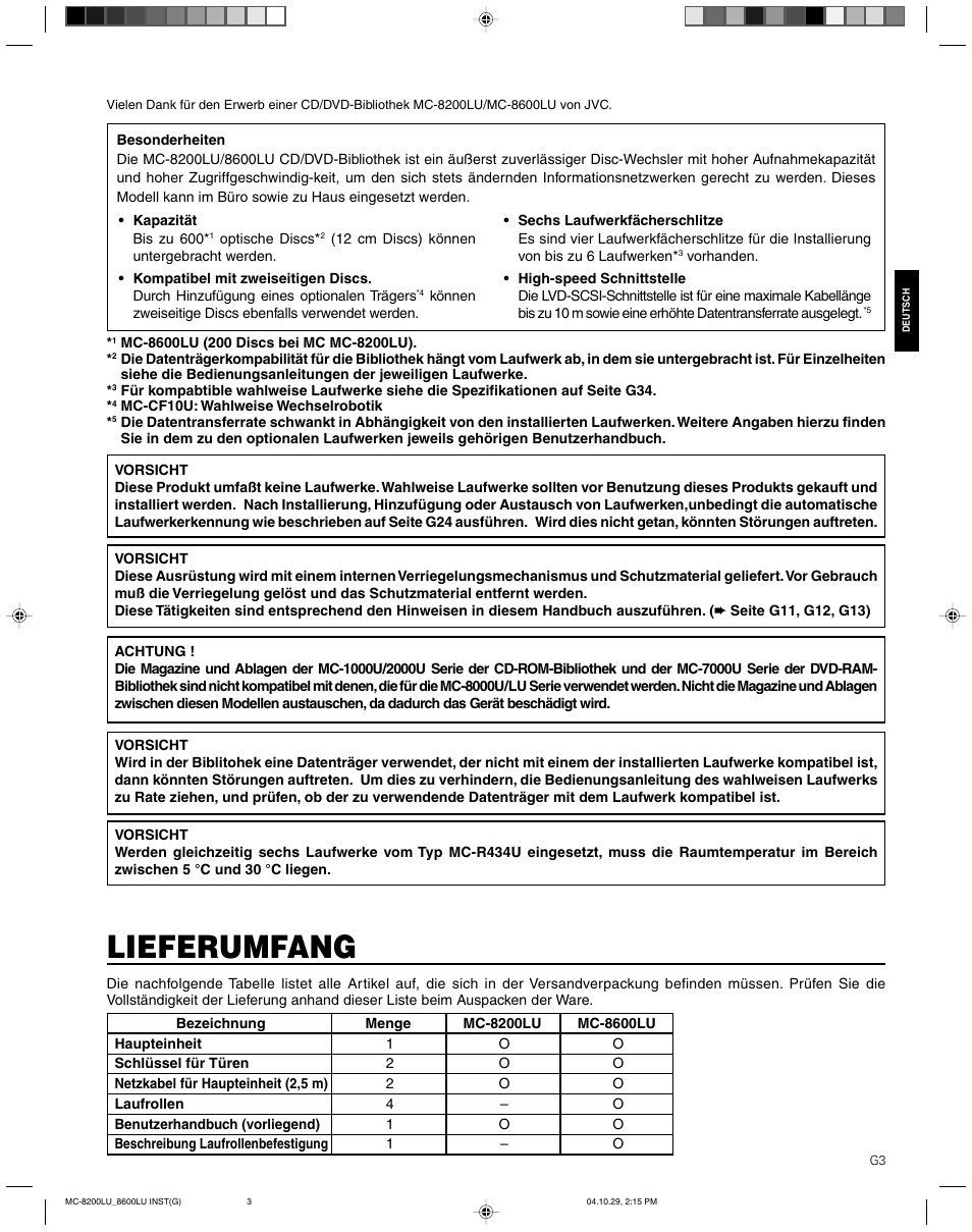 Lieferumfang | JVC CD/DVD Library MC-8200LU User Manual | Page 38 / 138