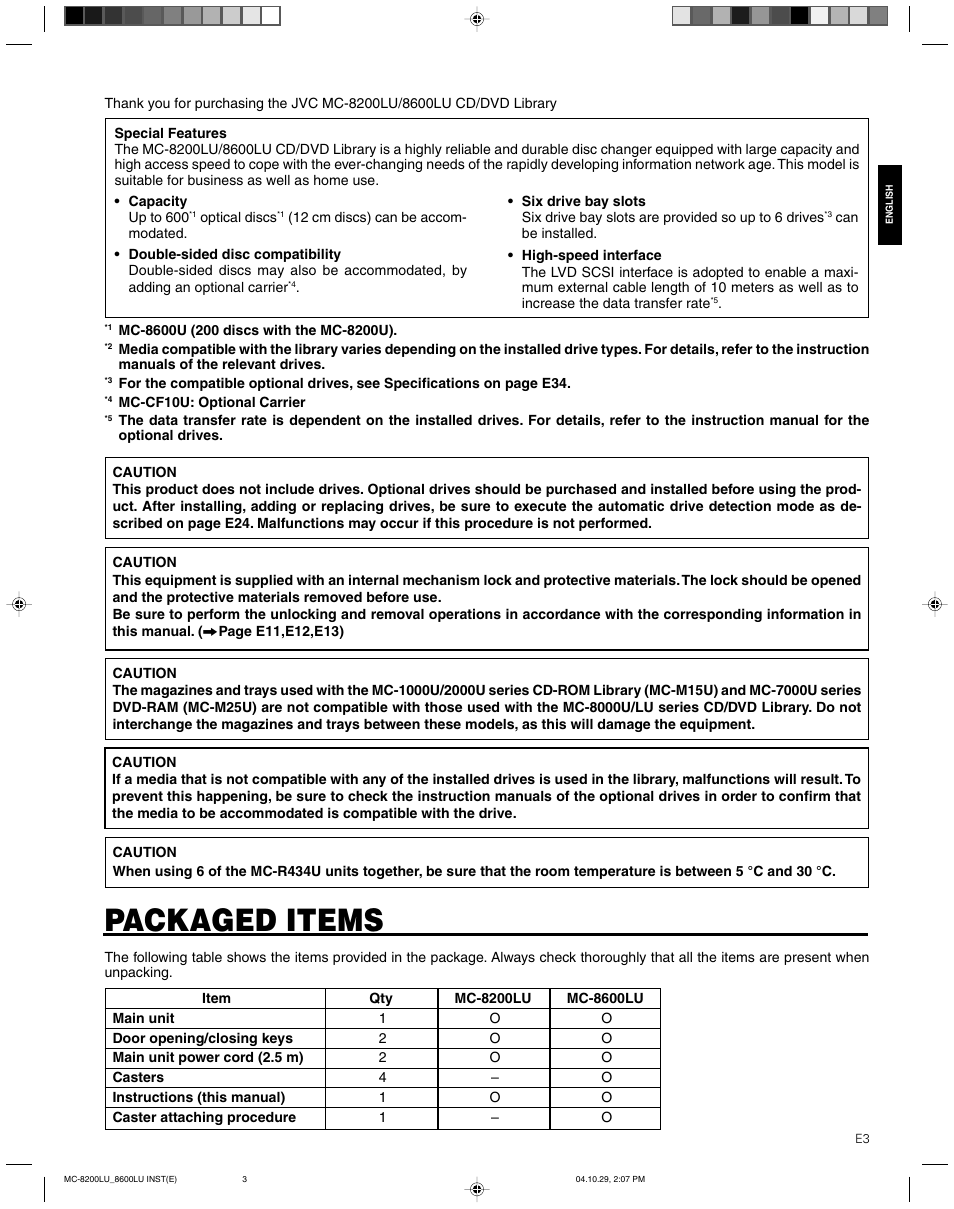 Packaged items | JVC CD/DVD Library MC-8200LU User Manual | Page 4 / 138