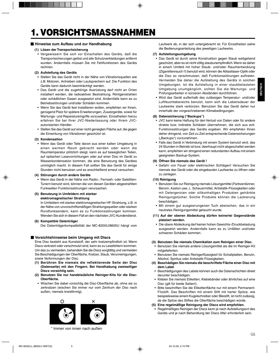 Vorsichtsmassnahmen, Hinweise zum aufbau und zur handhabung, Vorsichtshinweise beim umgang mit discs | JVC CD/DVD Library MC-8200LU User Manual | Page 40 / 138