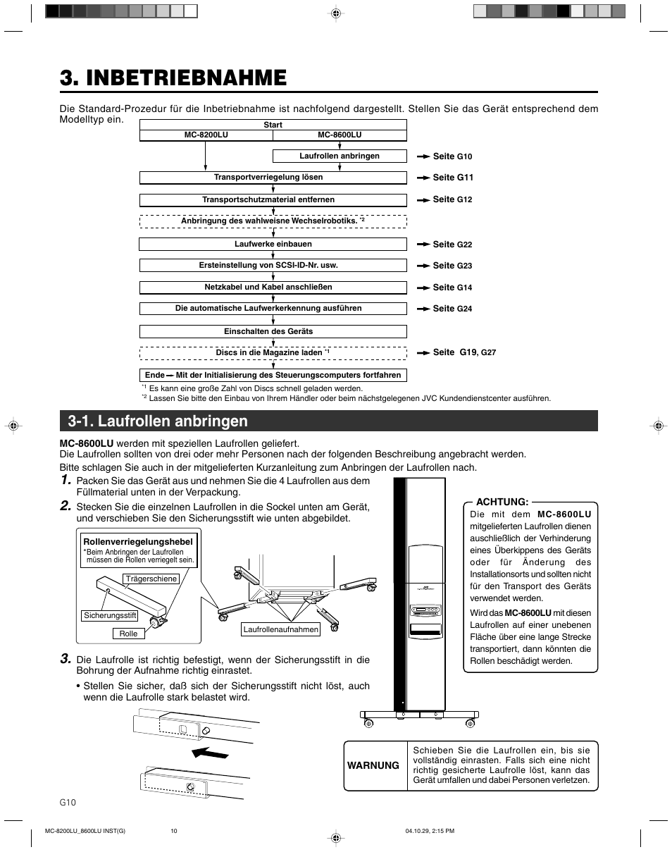 Inbetriebnahme, 1. laufrollen anbringen | JVC CD/DVD Library MC-8200LU User Manual | Page 45 / 138