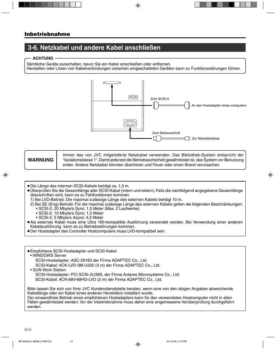 6. netzkabel und andere kabel anschliesen, 6. netzkabel und andere kabel anschließen, Inbetriebnahme | JVC CD/DVD Library MC-8200LU User Manual | Page 49 / 138