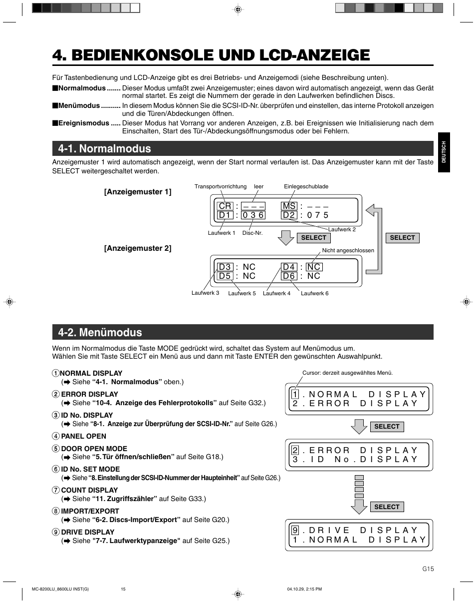 Bedienkonsole und lcd-anzeige, 1. normalmodus, 2. menumodus | 2. menümodus | JVC CD/DVD Library MC-8200LU User Manual | Page 50 / 138