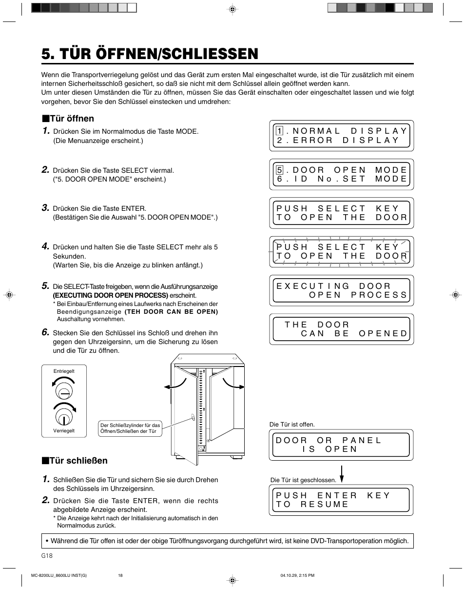 Tur offnen/schliessen, Tür öffnen/schliessen | JVC CD/DVD Library MC-8200LU User Manual | Page 53 / 138