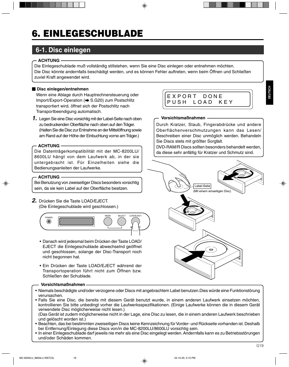 Einlegeschublade, 1. disc einlegen | JVC CD/DVD Library MC-8200LU User Manual | Page 54 / 138