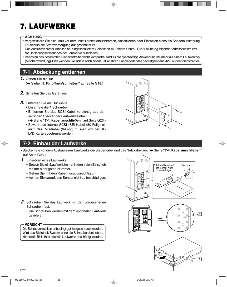 Laufwerke, 1. abdeckung entfernen, 2. einbau der laufwerke | 1. abdeckung entfernen 7-2. einbau der laufwerke | JVC CD/DVD Library MC-8200LU User Manual | Page 57 / 138