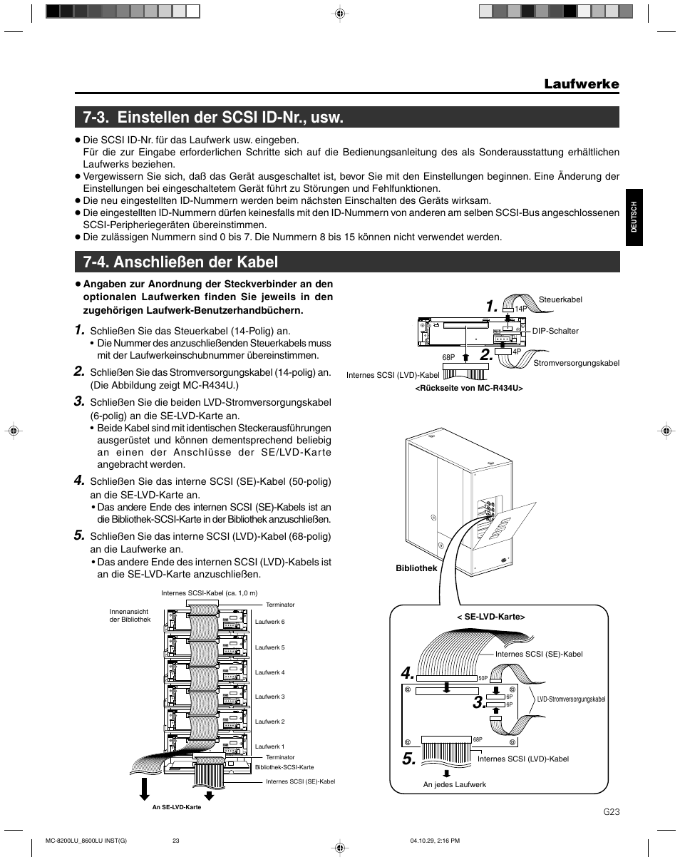 3. einstellen der scsi id-nr., usw, 4. anschliesen der kabel, 4. anschließen der kabel | Laufwerke | JVC CD/DVD Library MC-8200LU User Manual | Page 58 / 138