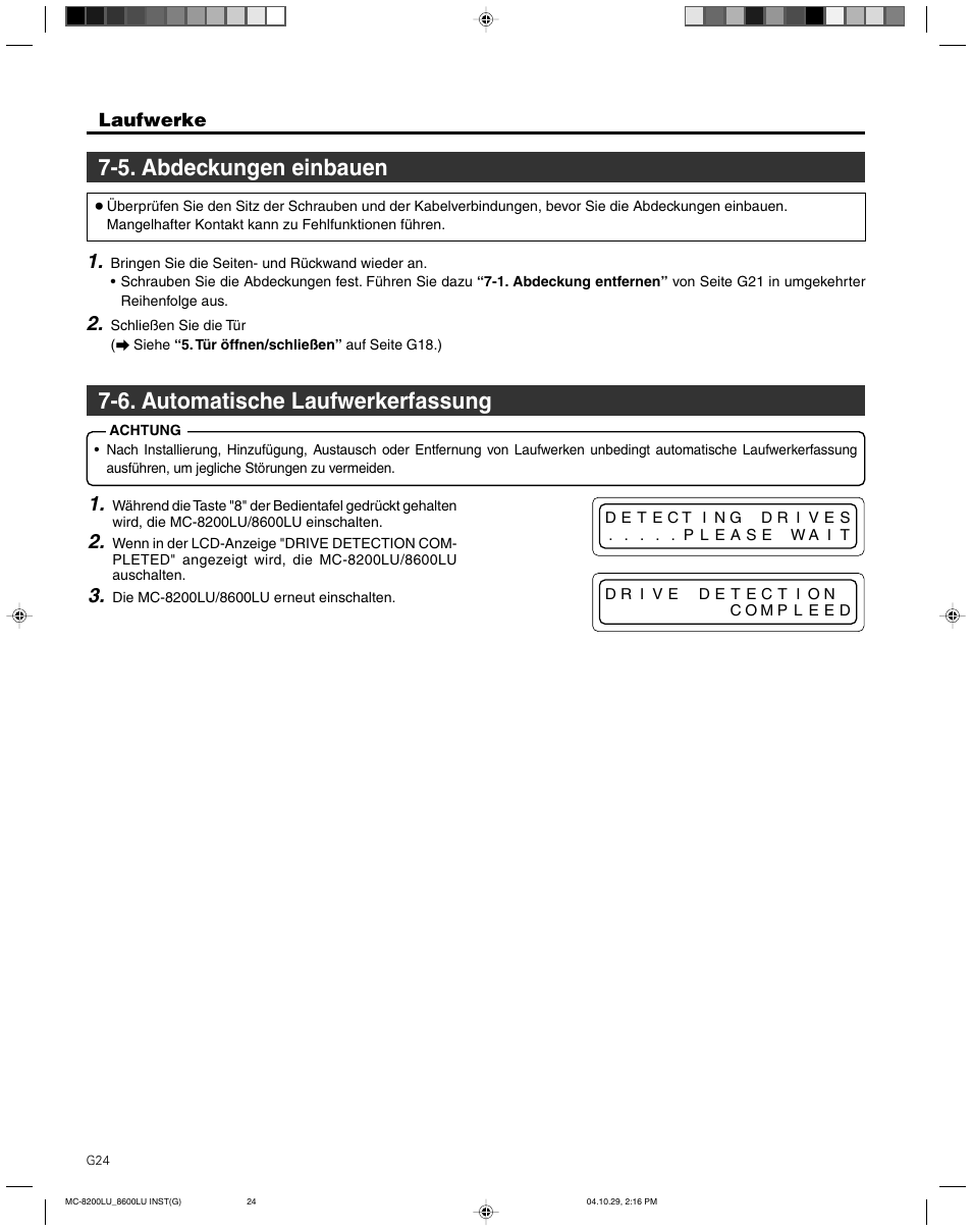 5. abdeckungen einbauen, 6. automatische laufwerkerfassung | JVC CD/DVD Library MC-8200LU User Manual | Page 59 / 138