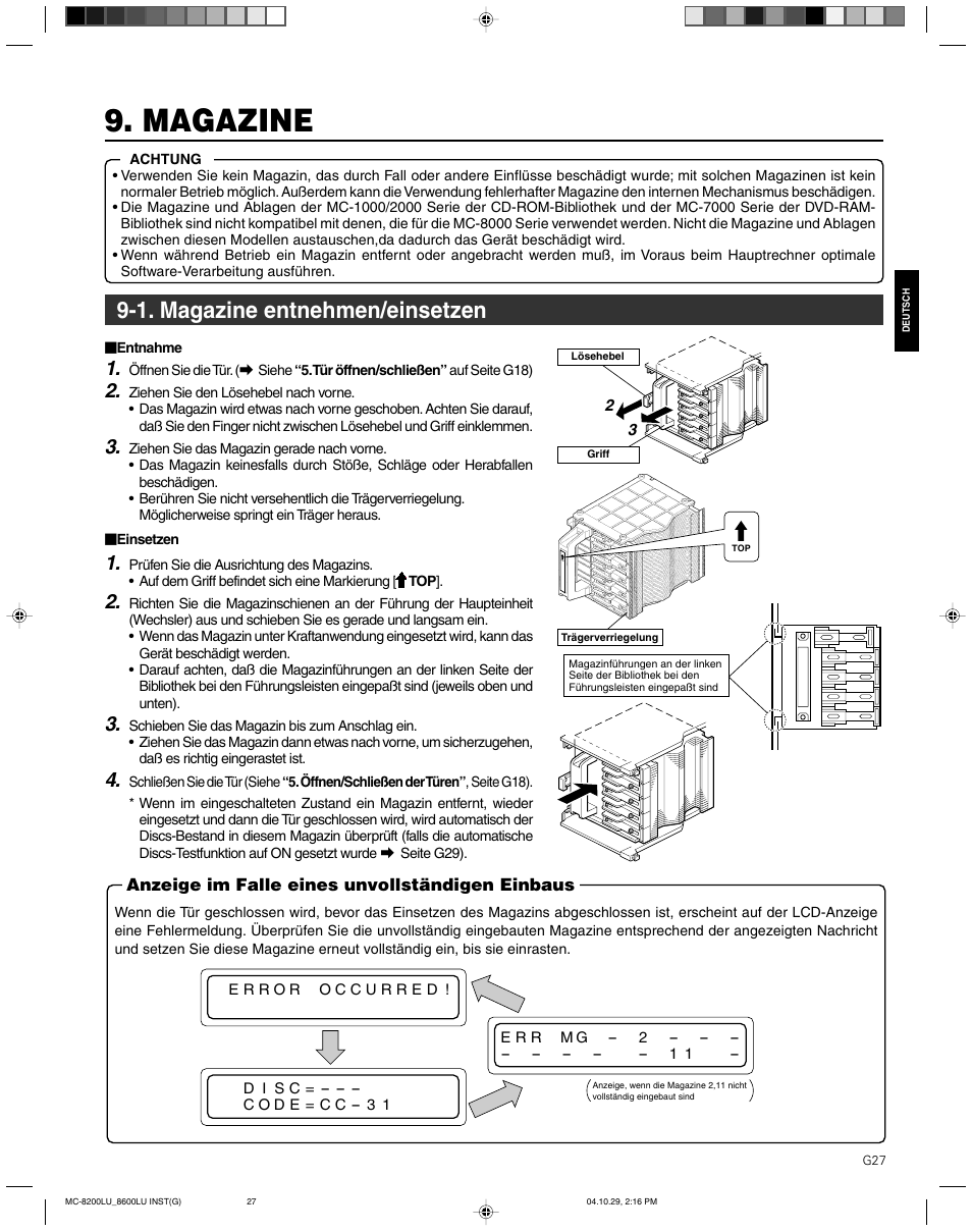 Magazine, 1. magazine entnehmen/einsetzen | JVC CD/DVD Library MC-8200LU User Manual | Page 62 / 138