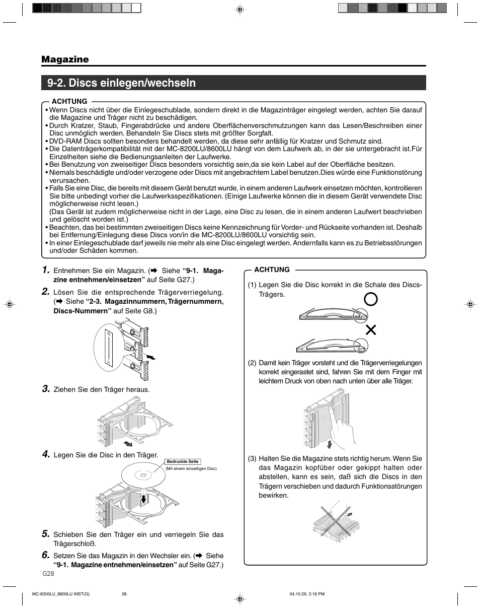 2. discs einlegen/wechseln, Magazine | JVC CD/DVD Library MC-8200LU User Manual | Page 63 / 138