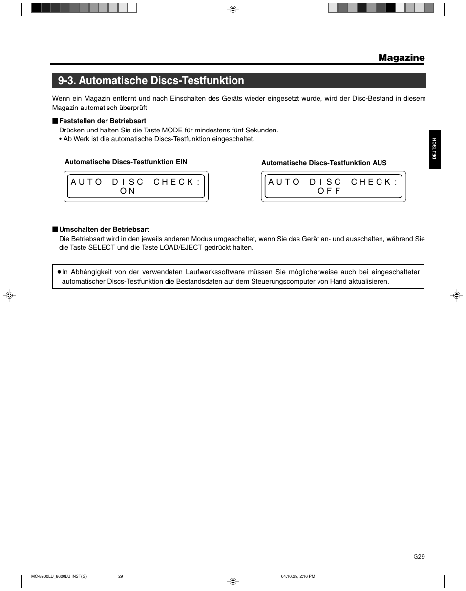 3. automatische discs-testfunktion, Magazine | JVC CD/DVD Library MC-8200LU User Manual | Page 64 / 138