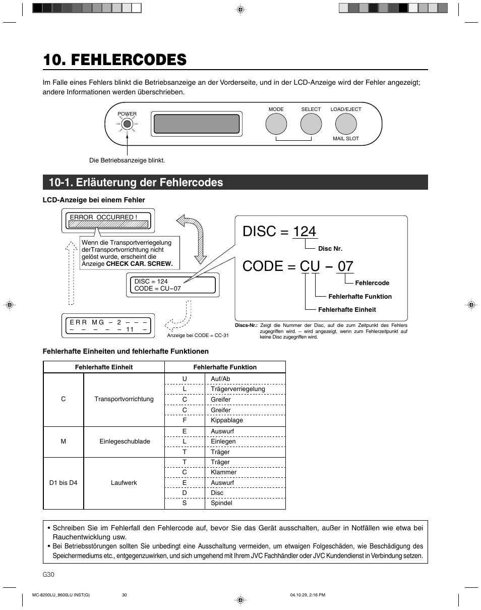 Fehlercodes, 1. erlauterung der fehlercodes, 1. erläuterung der fehlercodes | JVC CD/DVD Library MC-8200LU User Manual | Page 65 / 138