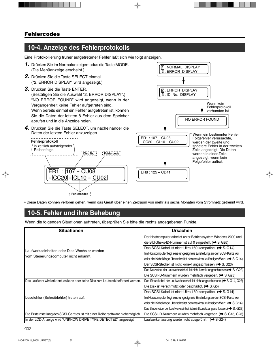 4. anzeige des fehlerprotokolls, 5. fehler und ihre behebung, Fehlercodes | JVC CD/DVD Library MC-8200LU User Manual | Page 67 / 138