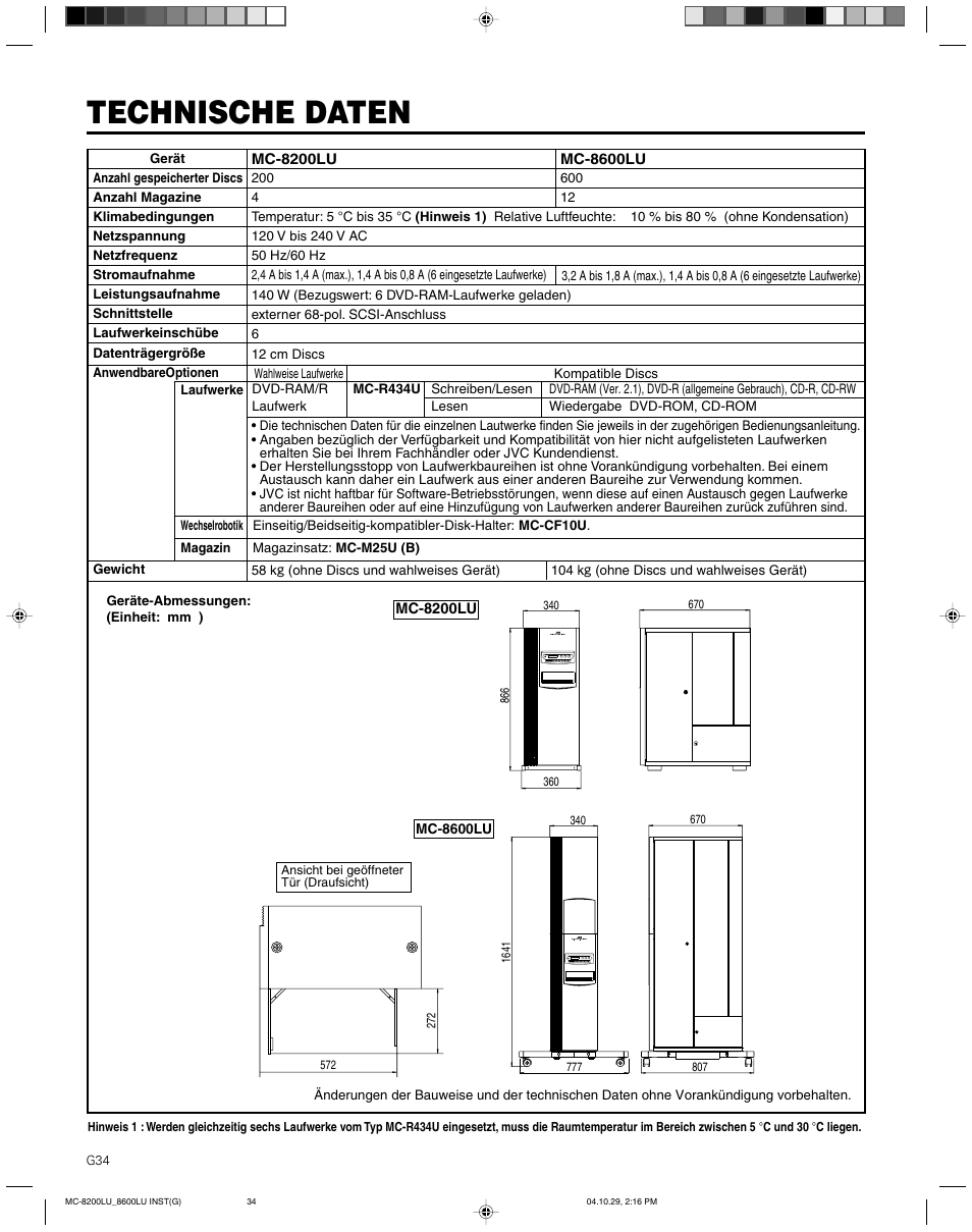 Technische daten | JVC CD/DVD Library MC-8200LU User Manual | Page 69 / 138