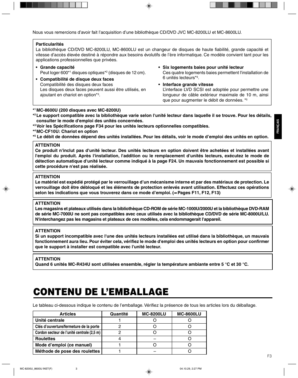 Contenu de l’emballage | JVC CD/DVD Library MC-8200LU User Manual | Page 72 / 138